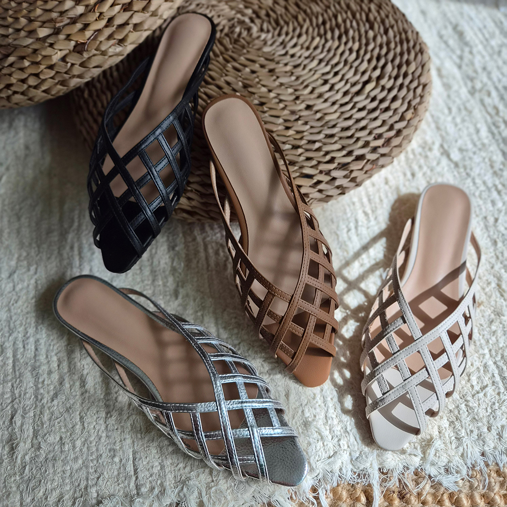 천연 소가죽 네트 슬리퍼 여름 여성 푹신한 쿠션 뮬 슬라이드 | 바이모구 BY MOGU - 트렌디한 여자 신발 쇼핑몰