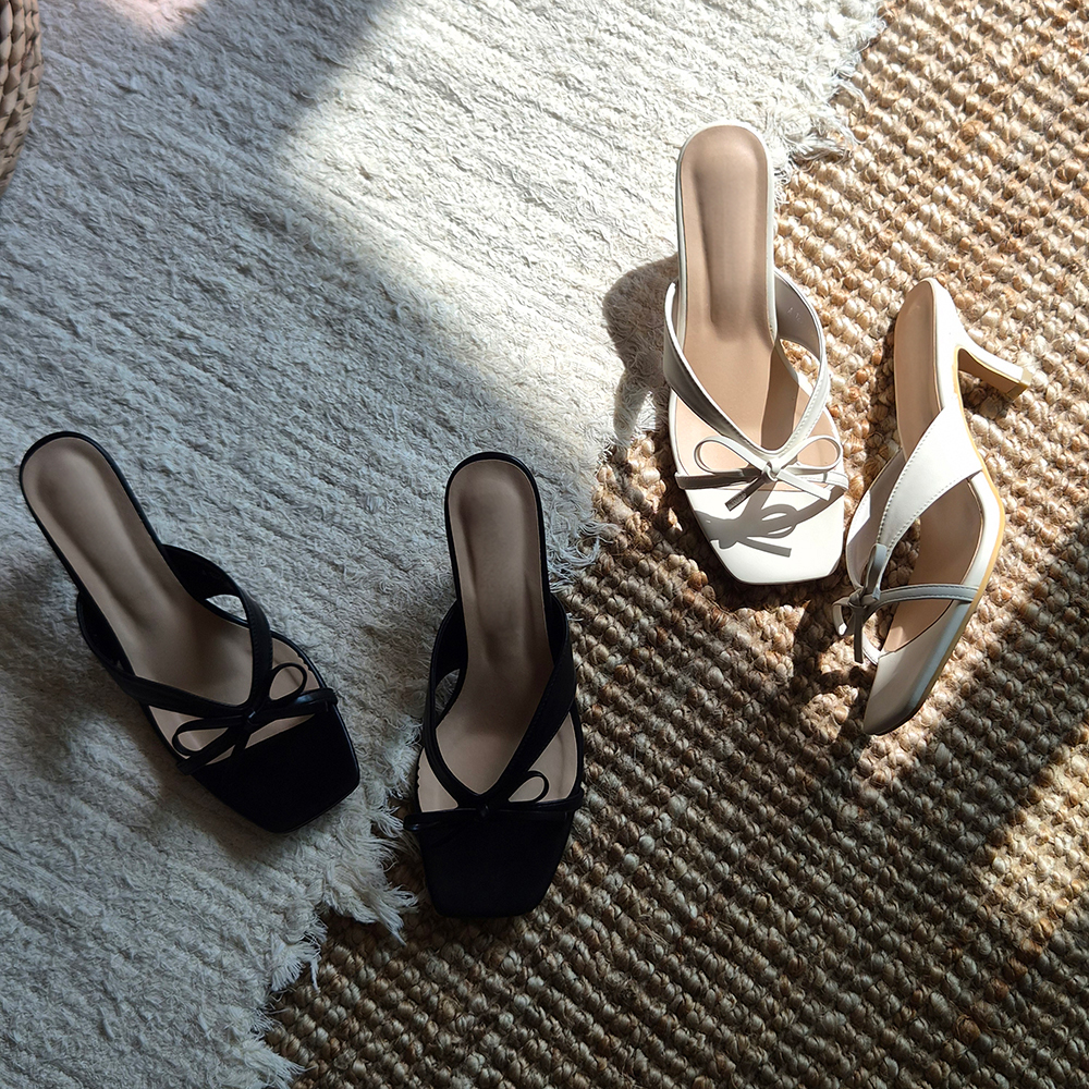 미들굽 슬리퍼힐 6.5cm 리본 뮬 샌들 발편한 크로스 스트랩 여름 | 바이모구 BY MOGU - 트렌디한 여자 신발 쇼핑몰